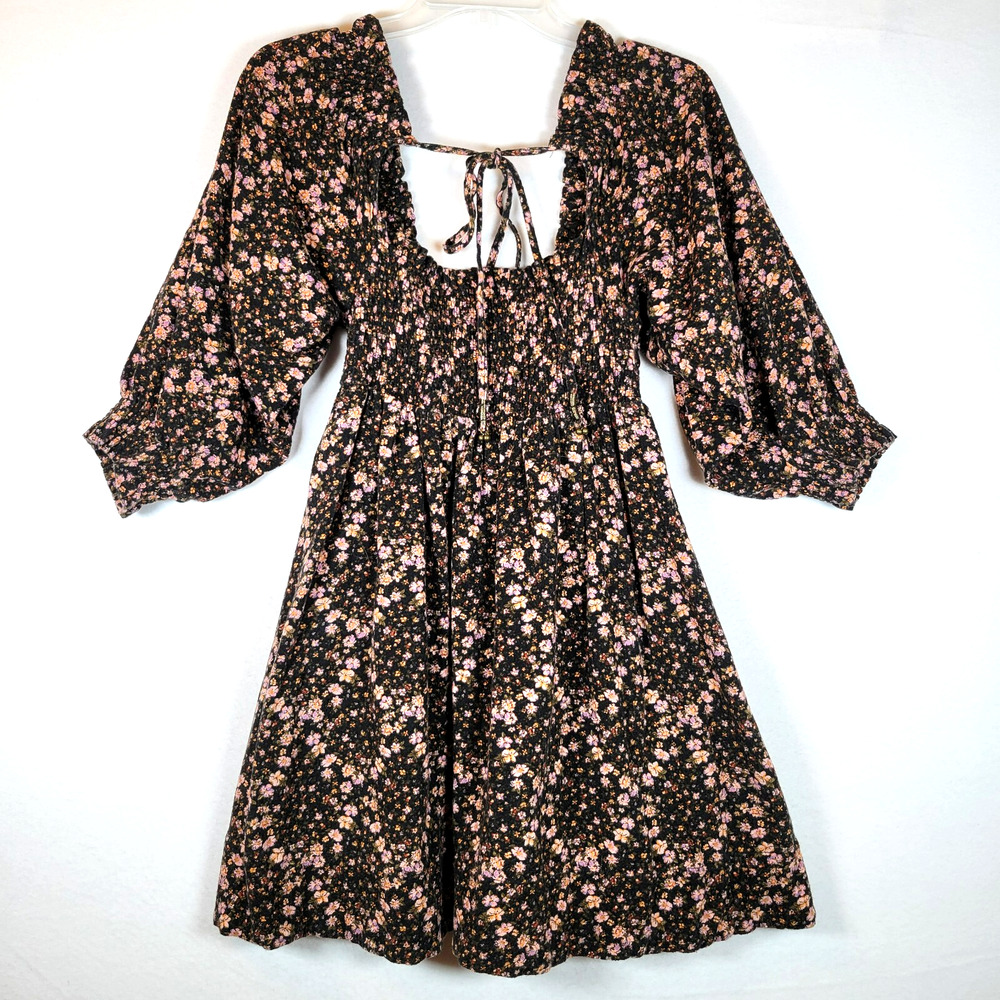 Free People Womens This Is Everything Floral Smocked Mini Dress Size Small Black